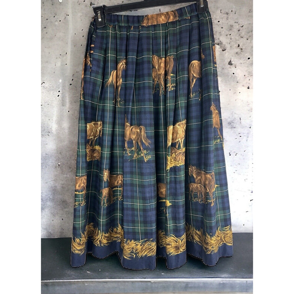 Susan Bristol Dresses & Skirts - Susan Bristol Horse Print A Line Skirt Equestrian Tartan Plaid Western 10 Petite